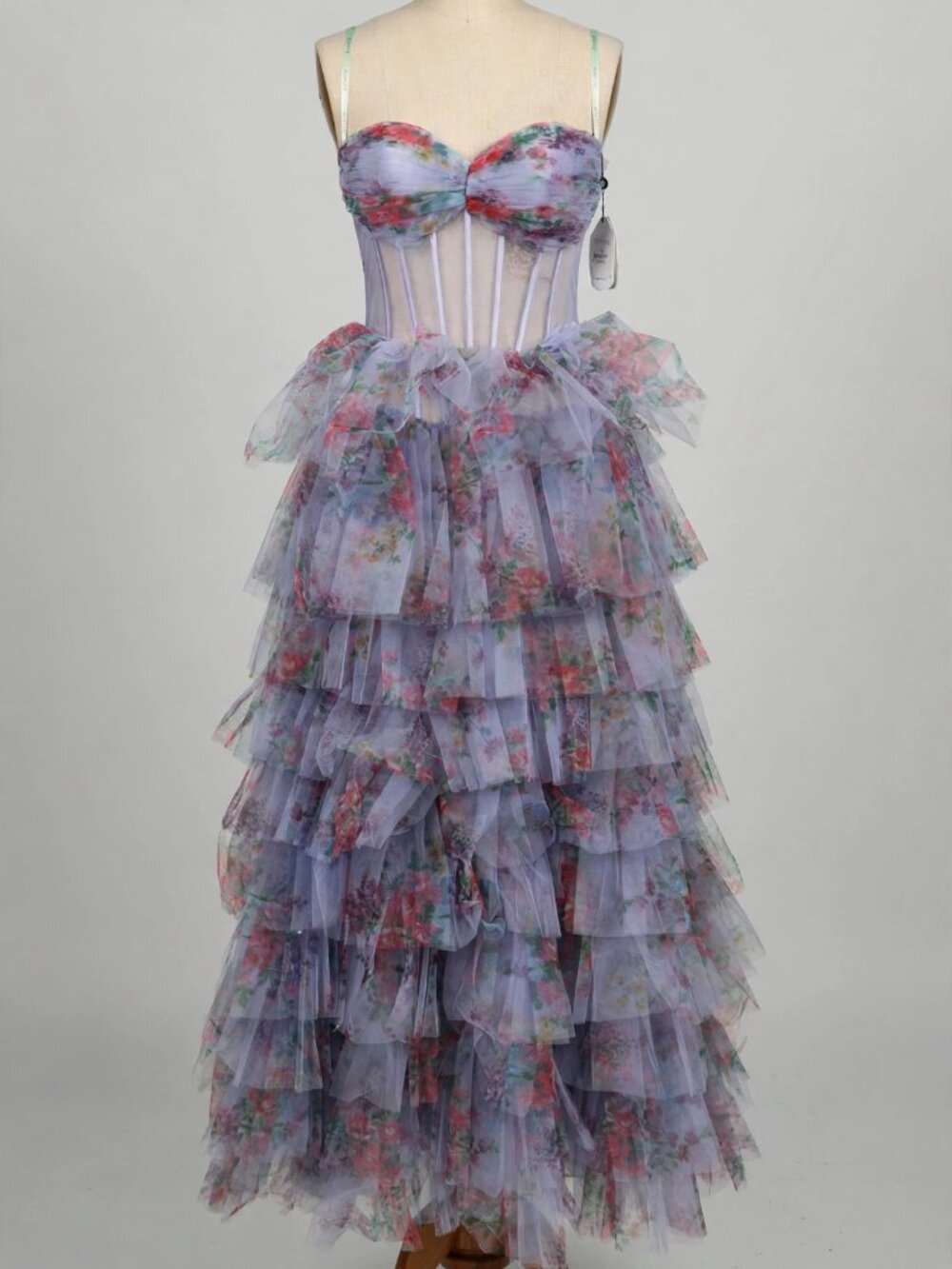 Jovani Lilac Floral Tulle Gown — Corset Bodice, Tiered Ruffle Skirt, NWT, Size 6